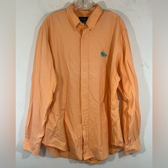 POLO RALPH LAUREN MENS STAMPEDE BUTTON DOWN SHIRT XL ORANGE BLUE BIG PONY HORSES - Picture 2 of 12